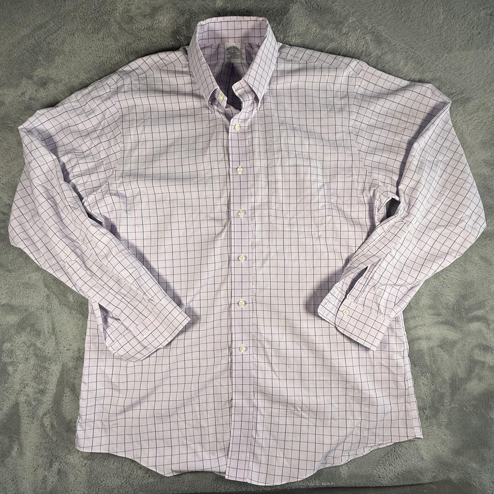 Brooks Brothers Button Up Shirt Mens Size 17 XL Purple Check Slim Fit Non Iron